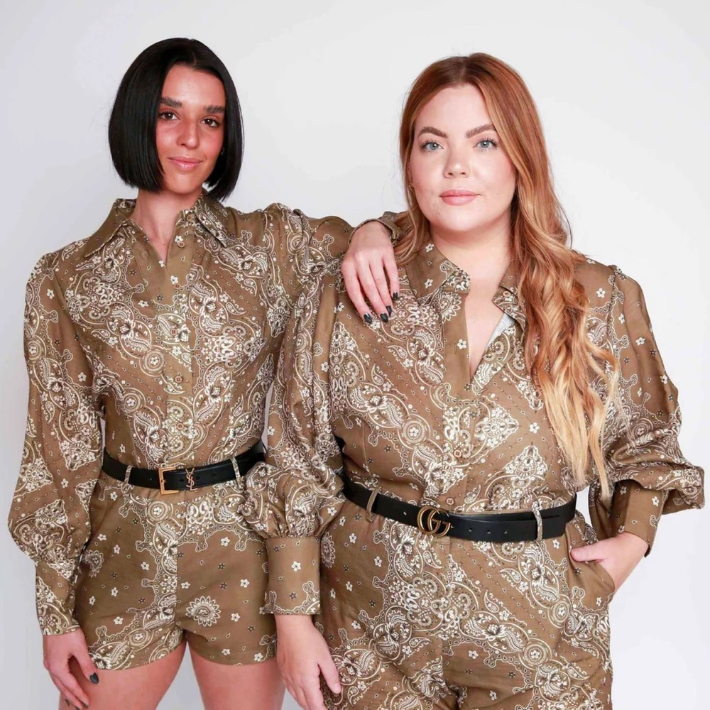Olive bandana print button up and short set